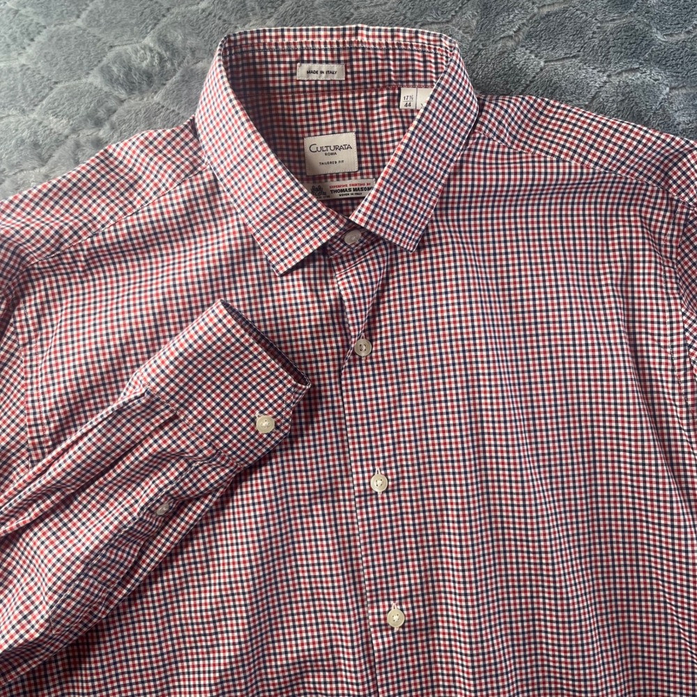 Culturata Roma Dress Shirt Mens XL Red Navy Blue Excellent Thomas Mason Italy